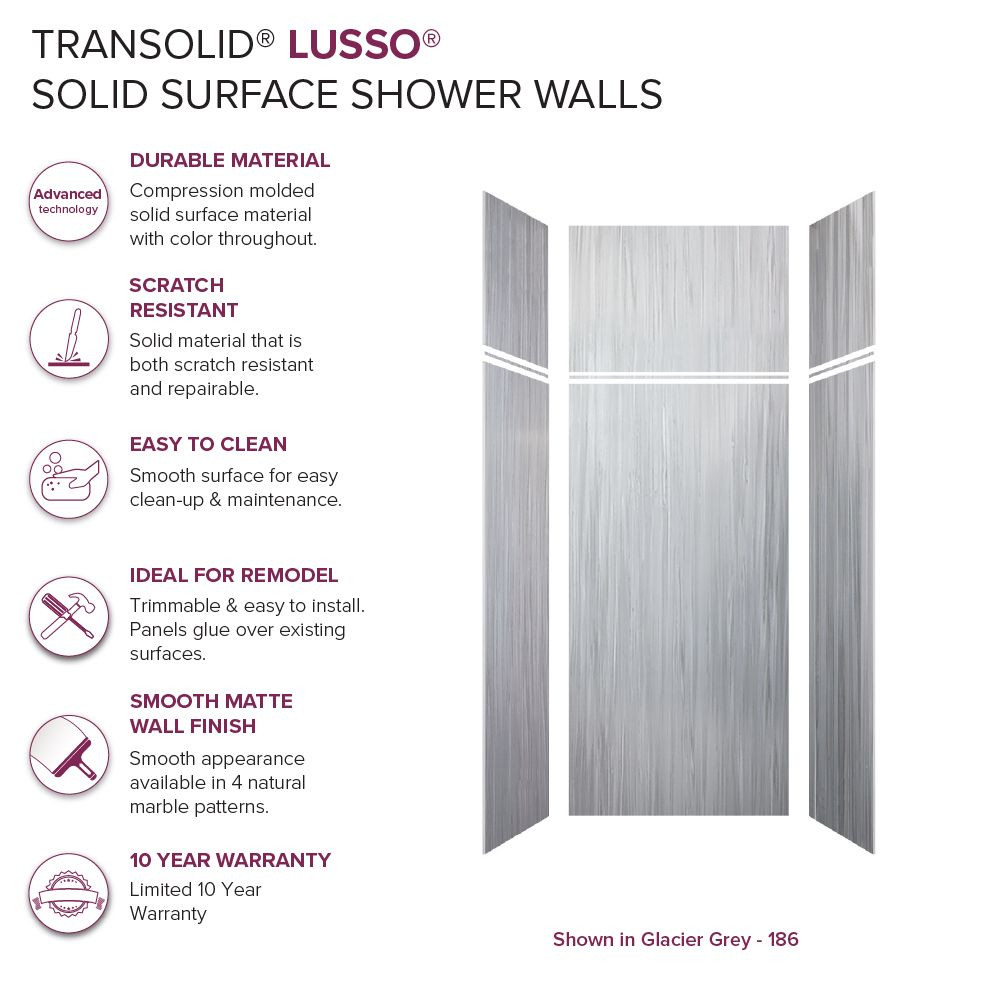 LWKX36367224-186 Lusso 36-in x 36-in x 72/24-in Glue To Wall 6-Piece Transition Shower Wall Kit, Glacier Grey