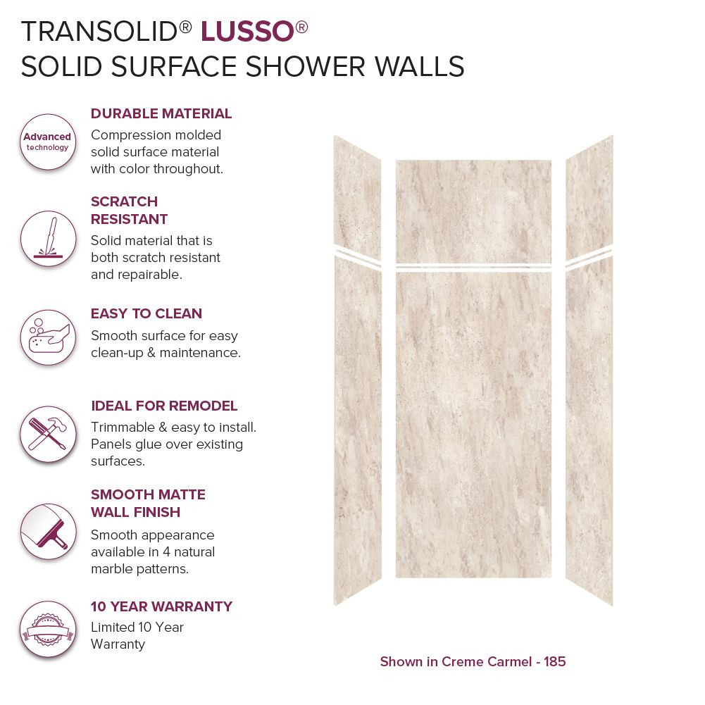 LWKX36367224-185 Lusso 36-in x 36-in x 72/24-in Glue To Wall 6-Piece Transition Shower Wall Kit, Creme Carmel