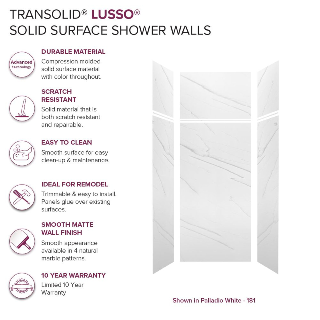 Transolid LWKX36367224-181 Lusso 36-in x 36-in x 72/24-in Glue To Wall 6-Piece Transition Shower Wall Kit, Palladio White
