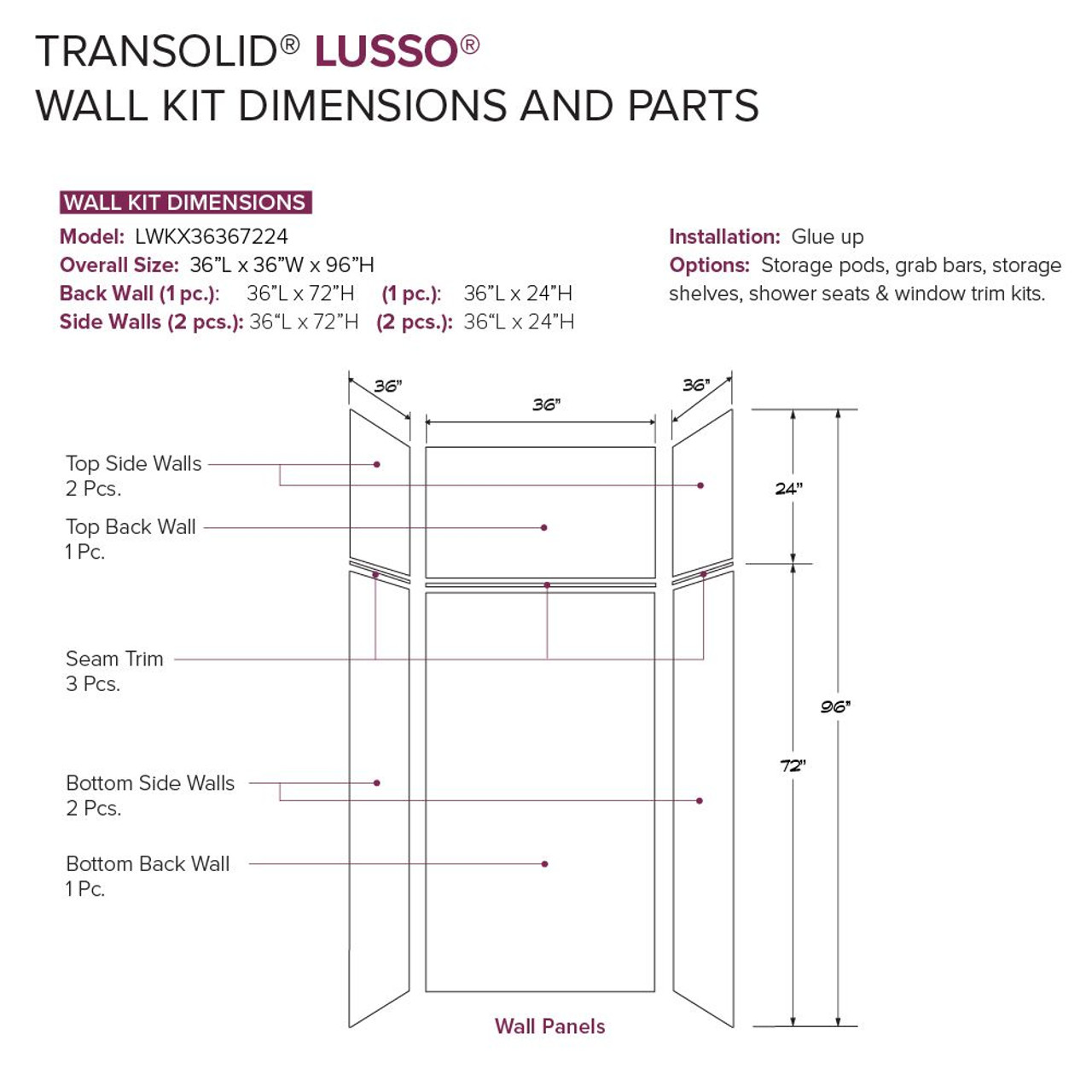 Transolid LWKX36367224-181 Lusso 36-in x 36-in x 72/24-in Glue To Wall 6-Piece Transition Shower Wall Kit, Palladio White