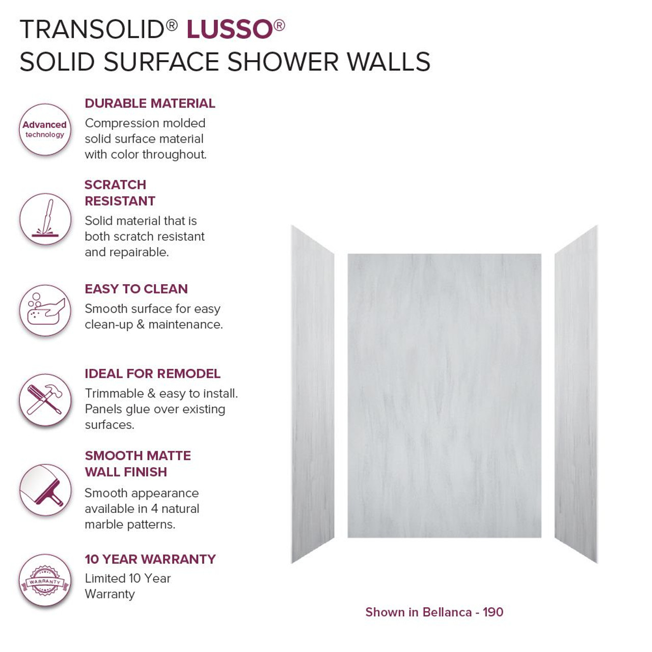 Transolid LWK483672-190 Lusso 48-in x 36-in x 72-in Glue to Wall 3-Piece Shower Wall Kit, Bellanca