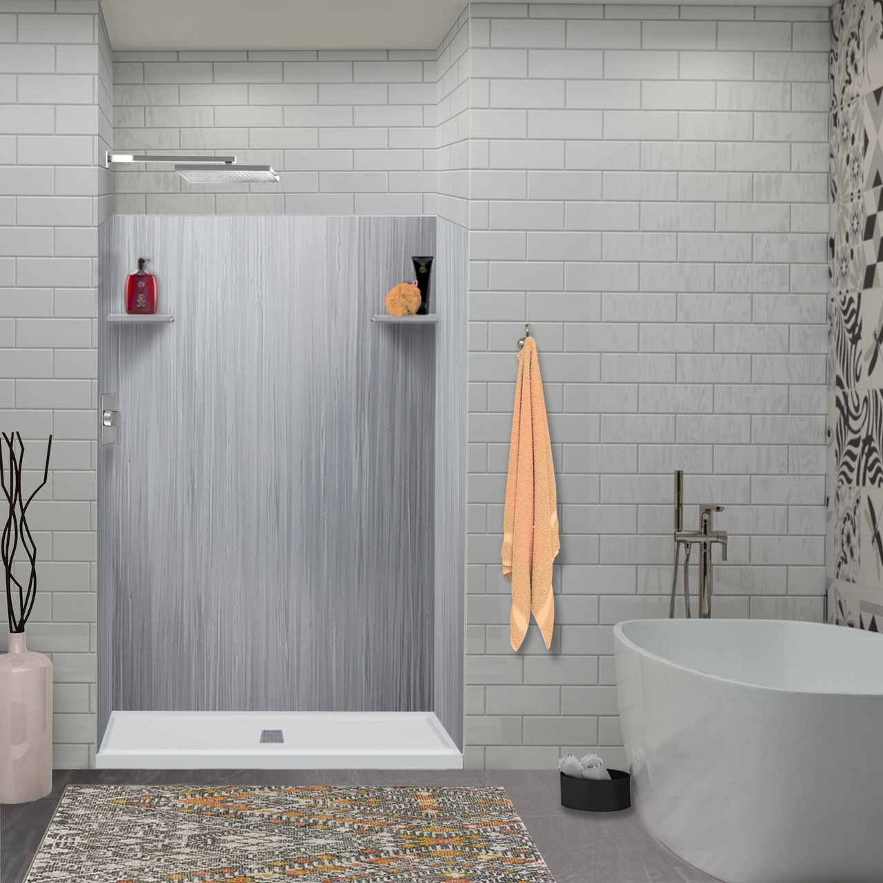 Transolid LWK483672-186 Lusso 48-in x 36-in x 72-in Glue to Wall 3-Piece Shower Wall Kit, Glacier Grey