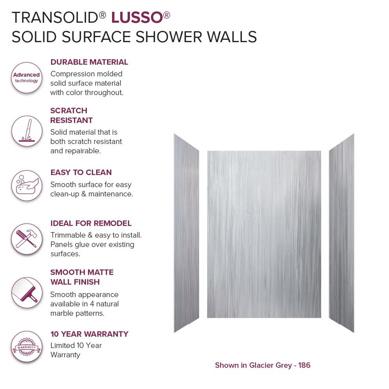 Transolid LWK483672-186 Lusso 48-in x 36-in x 72-in Glue to Wall 3-Piece Shower Wall Kit, Glacier Grey