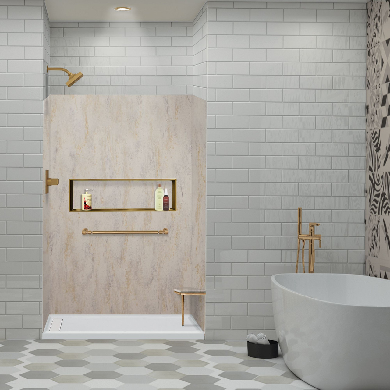Transolid LWK483672-185 Lusso 48-in x 36-in x 72-in Glue to Wall 3-Piece Shower Wall Kit, Creme Carmel