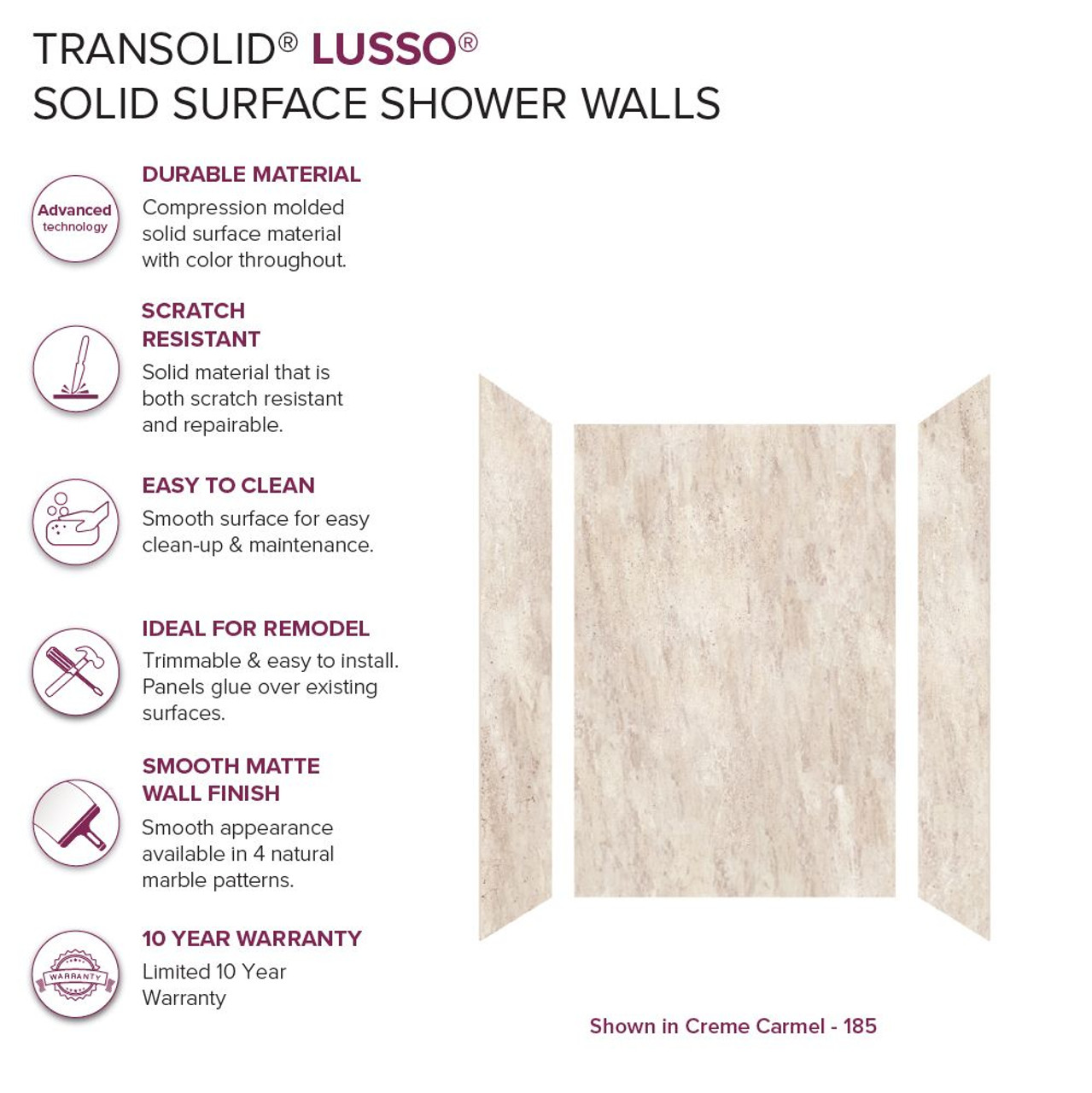 Transolid LWK483672-185 Lusso 48-in x 36-in x 72-in Glue to Wall 3-Piece Shower Wall Kit, Creme Carmel