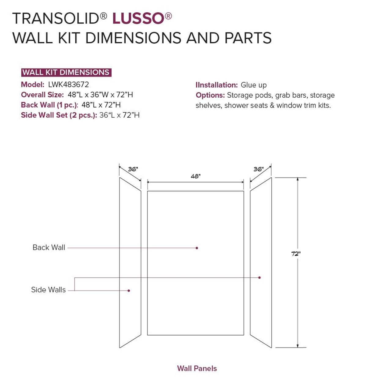 Transolid LWK483672-181 Lusso 48-in x 36-in x 72-in Glue to Wall 3-Piece Shower Wall Kit, Palladio White