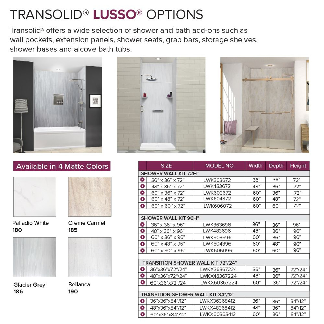 Transolid LWK483672-181 Lusso 48-in x 36-in x 72-in Glue to Wall 3-Piece Shower Wall Kit, Palladio White