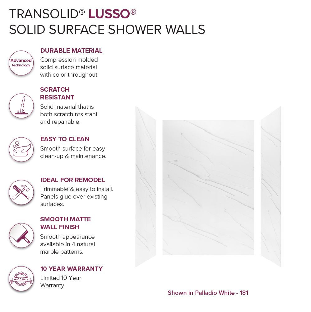 LWK483672-181 Lusso 48-in x 36-in x 72-in Glue to Wall 3-Piece Shower Wall Kit, Palladio White