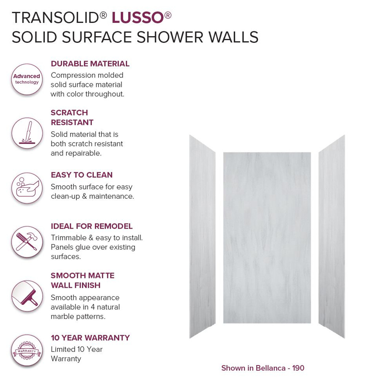 Transolid LWK363672-190 Lusso 36-in x 36-in x 72-in Glue to Wall 3-Piece Shower Wall Kit, Bellanca