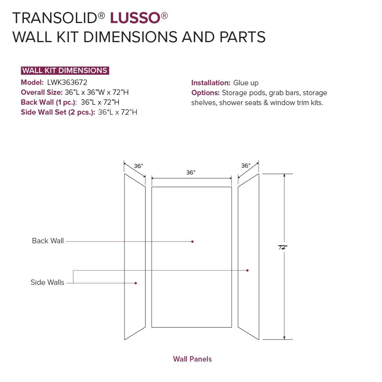 Transolid LWK363672-190 Lusso 36-in x 36-in x 72-in Glue to Wall 3-Piece Shower Wall Kit, Bellanca