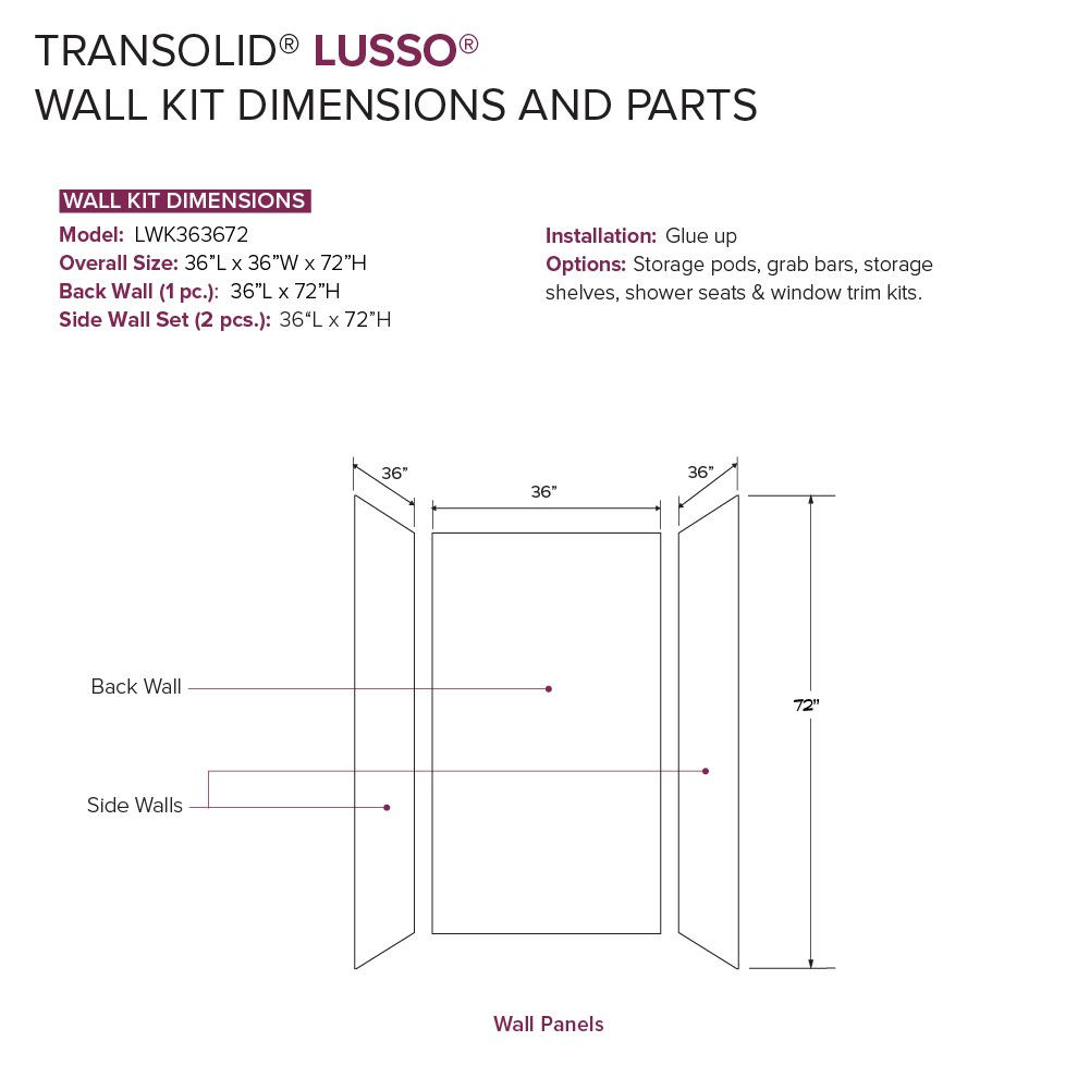 LWK363672-190 Lusso 36-in x 36-in x 72-in Glue to Wall 3-Piece Shower Wall Kit, Bellanca