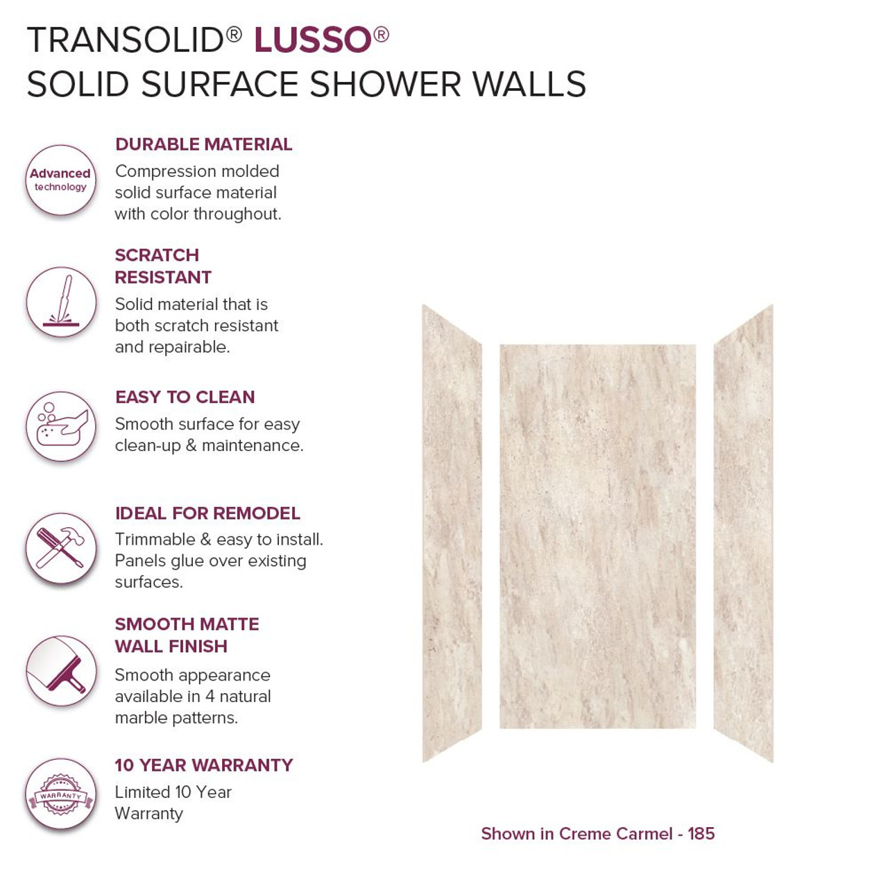 Transolid LWK363672-185 Lusso 36-in x 36-in x 72-in Glue to Wall 3-Piece Shower Wall Kit, Creme Carmel