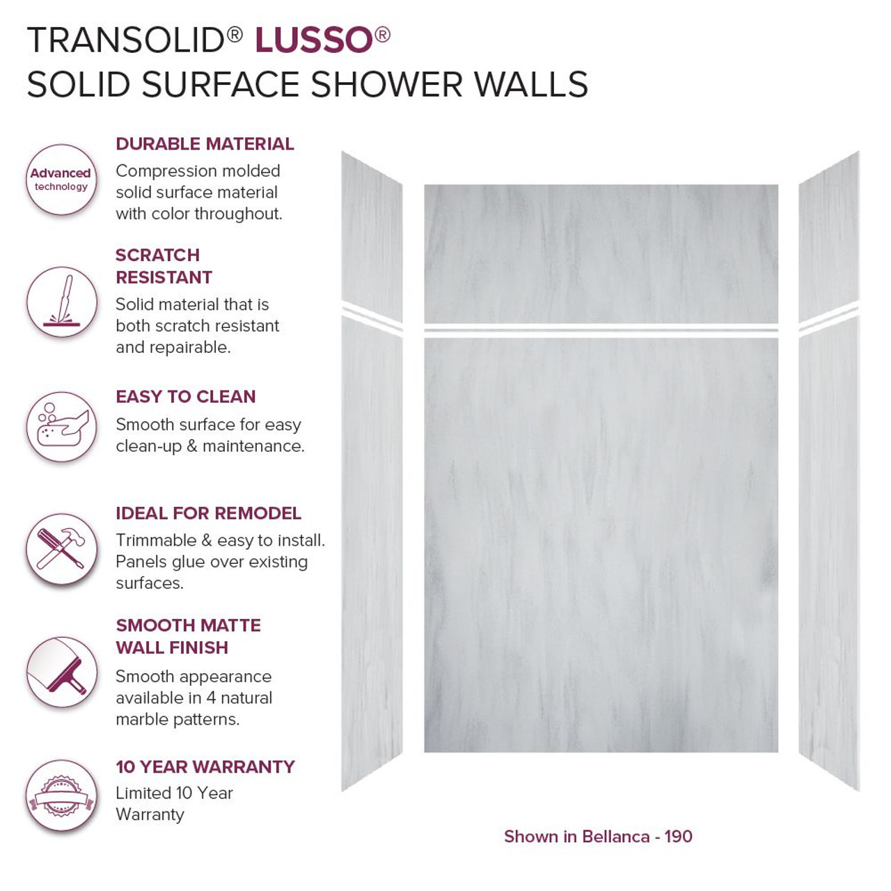Transolid LWKX60367224-190 Lusso 60-in x 36-in x 72/24-in Glue To Wall 6-Piece Transition Shower Wall Kit, Bellanca