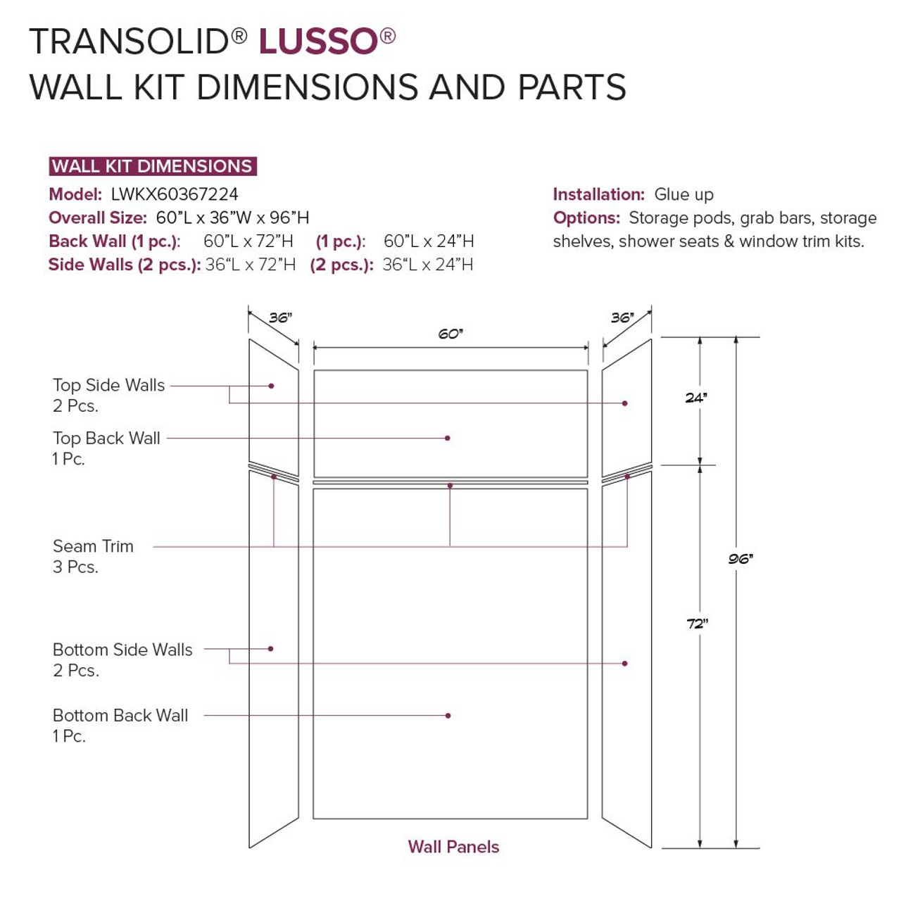 Transolid LWKX60367224-190 Lusso 60-in x 36-in x 72/24-in Glue To Wall 6-Piece Transition Shower Wall Kit, Bellanca