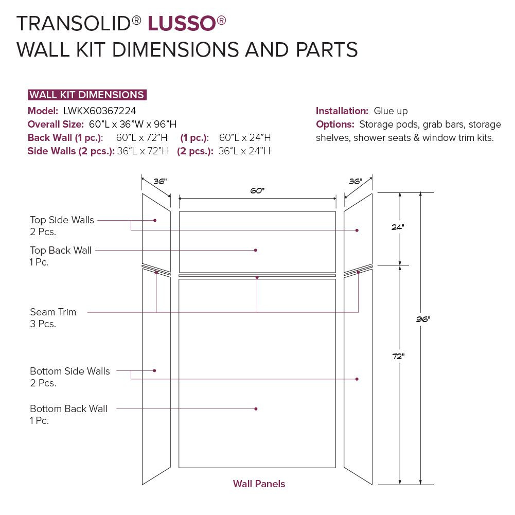 LWKX60367224-190 Lusso 60-in x 36-in x 72/24-in Glue To Wall 6-Piece Transition Shower Wall Kit, Bellanca