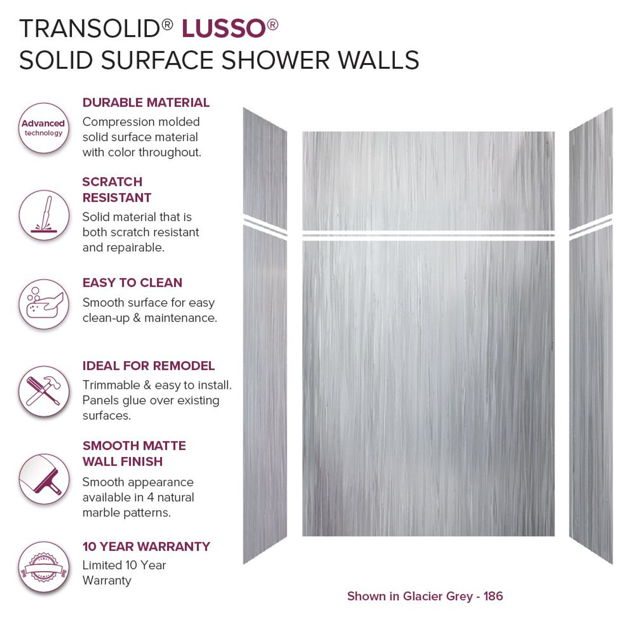 Transolid LWKX60367224-186 Lusso 60-in x 36-in x 72/24-in Glue To Wall 6-Piece Transition Shower Wall Kit, Glacier Grey