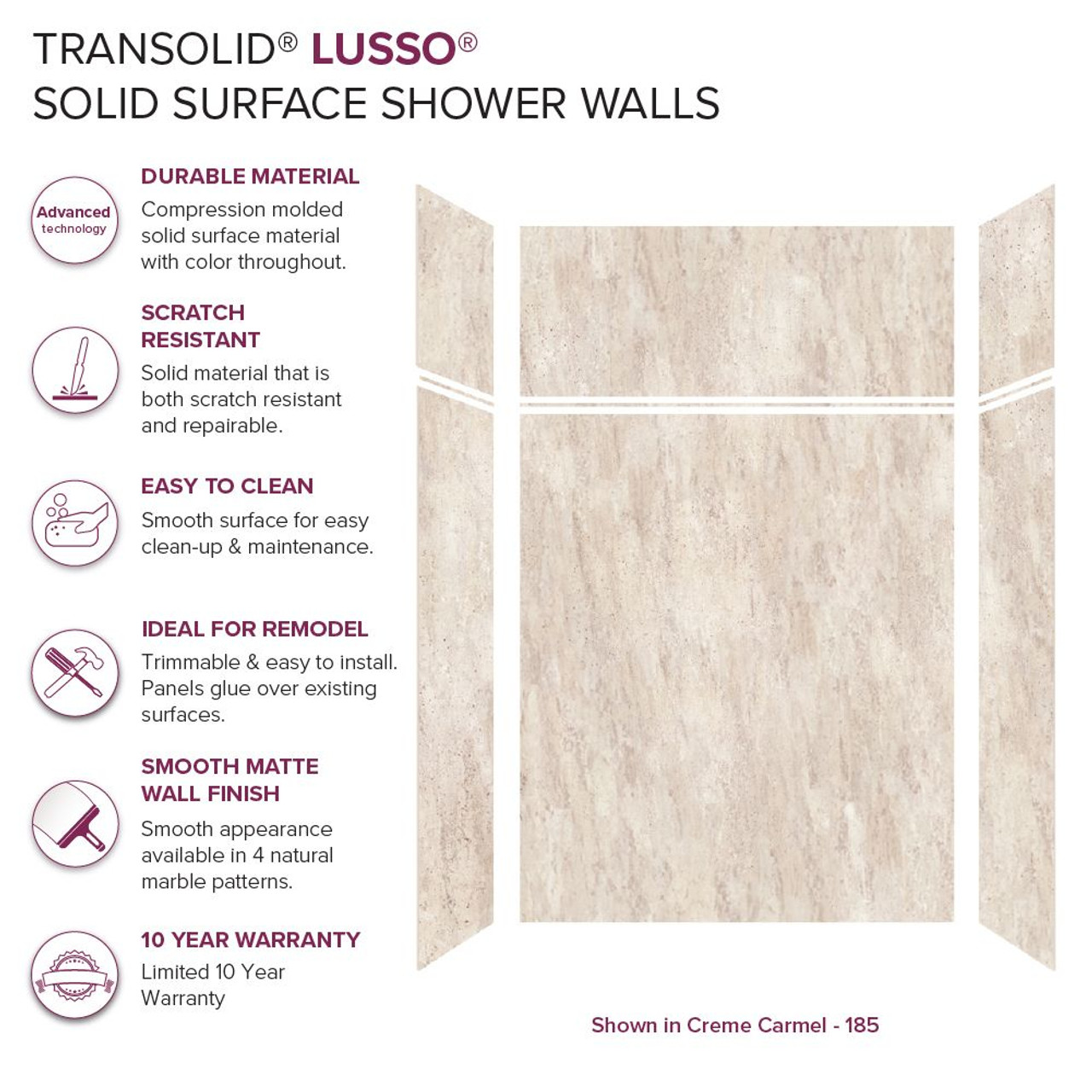 Transolid LWKX60367224-185 Lusso 60-in x 36-in x 72/24-in Glue To Wall 6-Piece Transition Shower Wall Kit, Creme Carmel