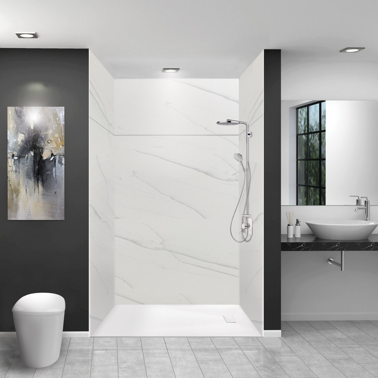 LWKX60367224-181 Lusso 60-in x 36-in x 72/24-in Glue To Wall 6-Piece Transition Shower Wall Kit, Palladio White