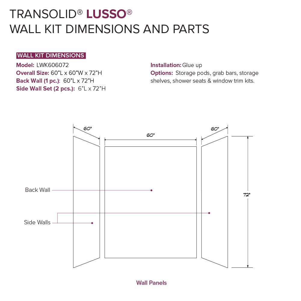 LWK606072-185 Lusso 60-in x 60-in x 72-in Glue to Wall 3-Piece Shower Wall Kit, Creme Carmel
