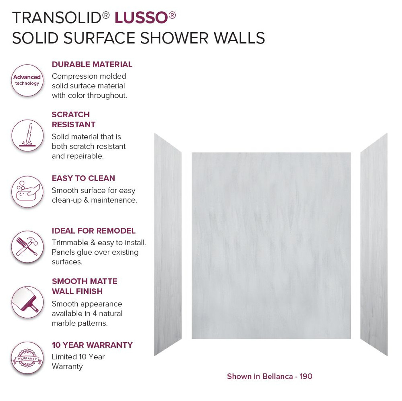 Transolid LWK604872-190 Lusso 60-in x 48-in x 72-in Glue to Wall 3-Piece Shower Wall Kit, Bellanca