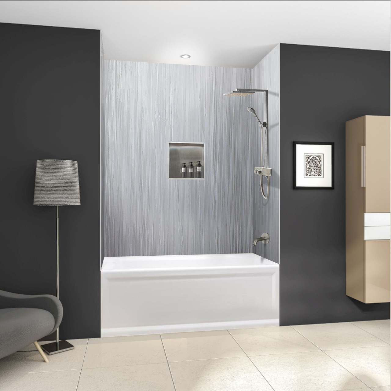 Transolid LWK604872-186 Lusso 60-in x 48-in x 72-in Glue to Wall 3-Piece Shower Wall Kit, Glacier Grey
