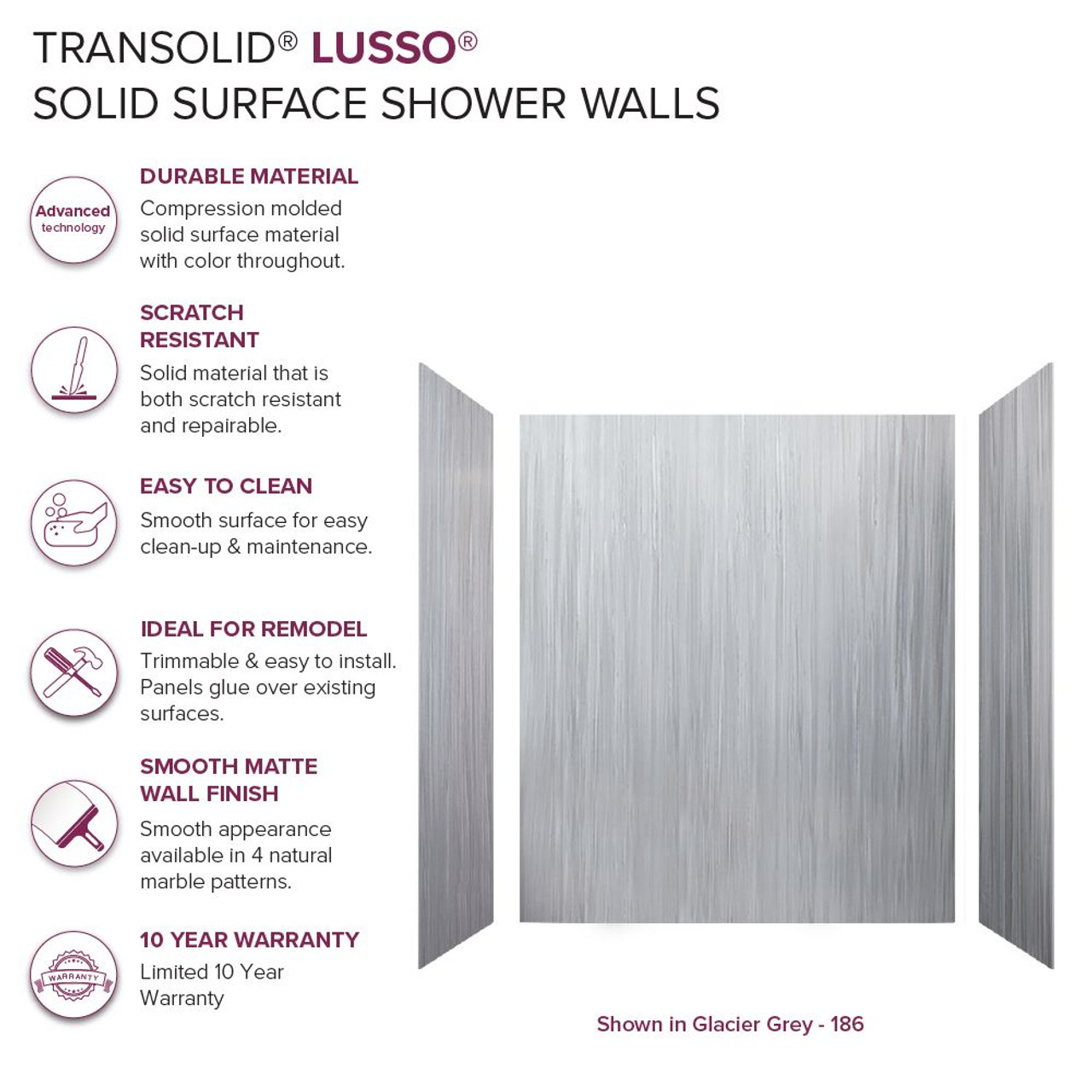 Transolid LWK604872-186 Lusso 60-in x 48-in x 72-in Glue to Wall 3-Piece Shower Wall Kit, Glacier Grey