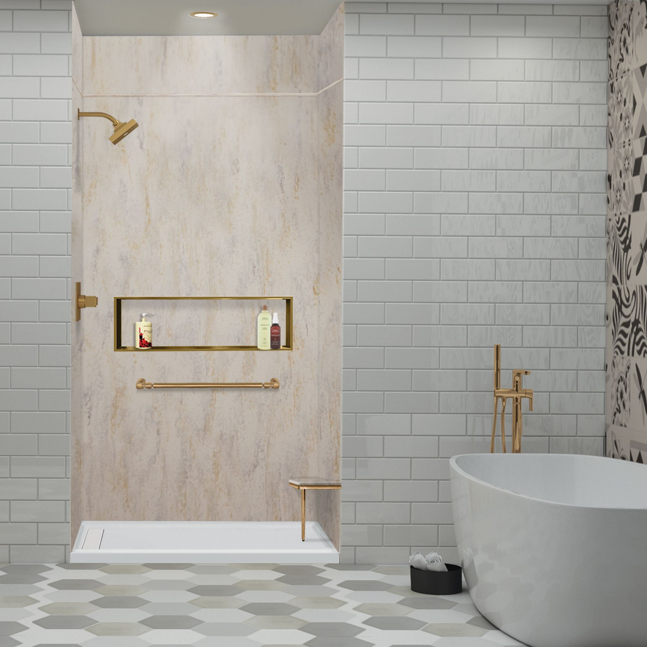 Transolid LWKX48368412-185 Lusso 48-in x 36-in x 84/12-in Glue To Wall 6-Piece Transition Shower Wall Kit, Creme Carmel