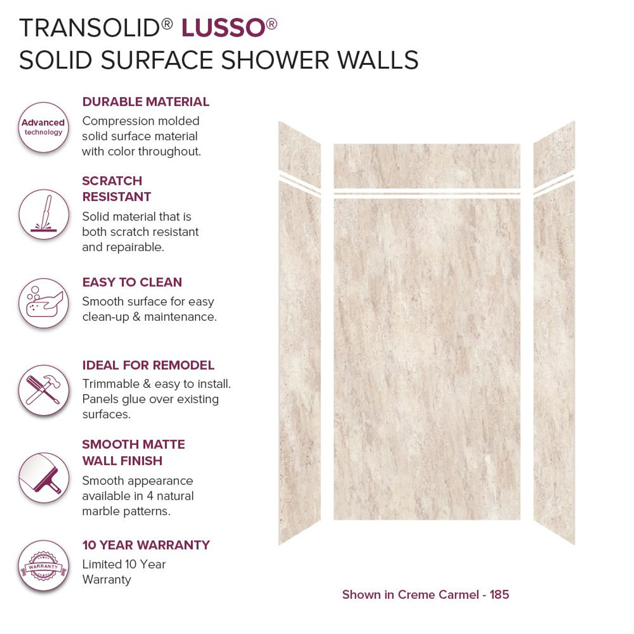 Transolid LWKX48368412-185 Lusso 48-in x 36-in x 84/12-in Glue To Wall 6-Piece Transition Shower Wall Kit, Creme Carmel