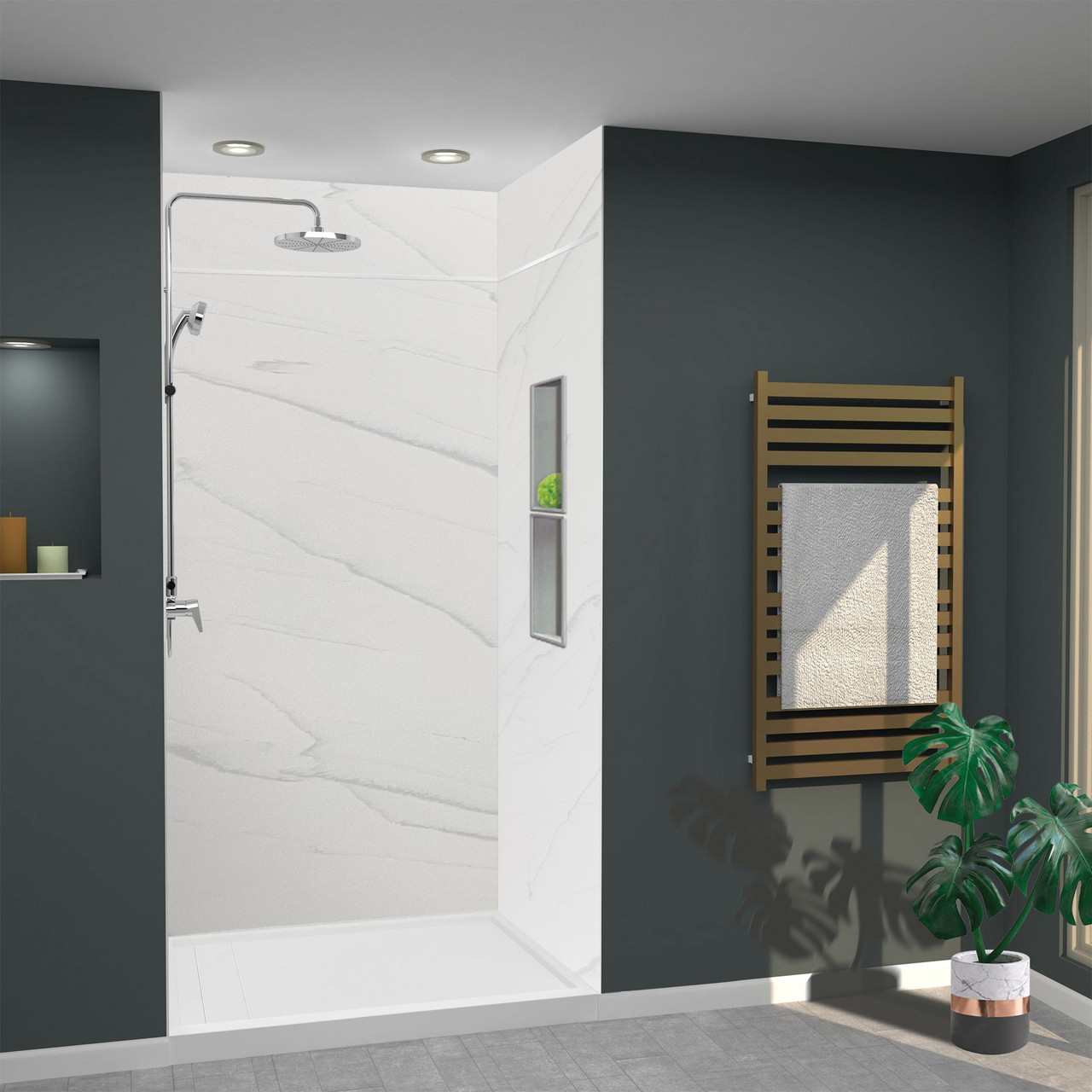 LWKX48368412-181 Lusso 48-in x 36-in x 84/12-in Glue To Wall 6-Piece Transition Shower Wall Kit, Palladio White