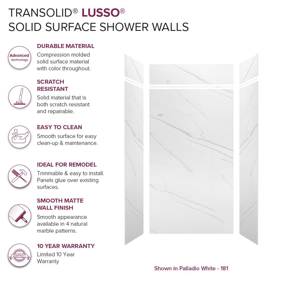 LWKX48368412-181 Lusso 48-in x 36-in x 84/12-in Glue To Wall 6-Piece Transition Shower Wall Kit, Palladio White