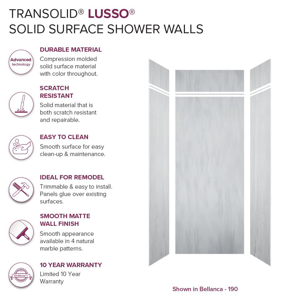 LWKX36368412-190 Lusso 36-in x 36-in x 84/12-in Glue To Wall 6-Piece Transition Shower Wall Kit, Bellanca