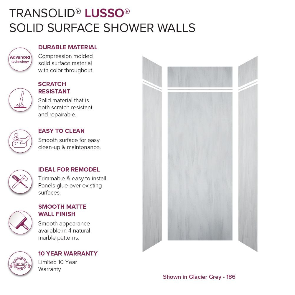 LWKX36368412-186 Lusso 36-in x 36-in x 84/12-in Glue To Wall 6-Piece Transition Shower Wall Kit, Glacier Grey