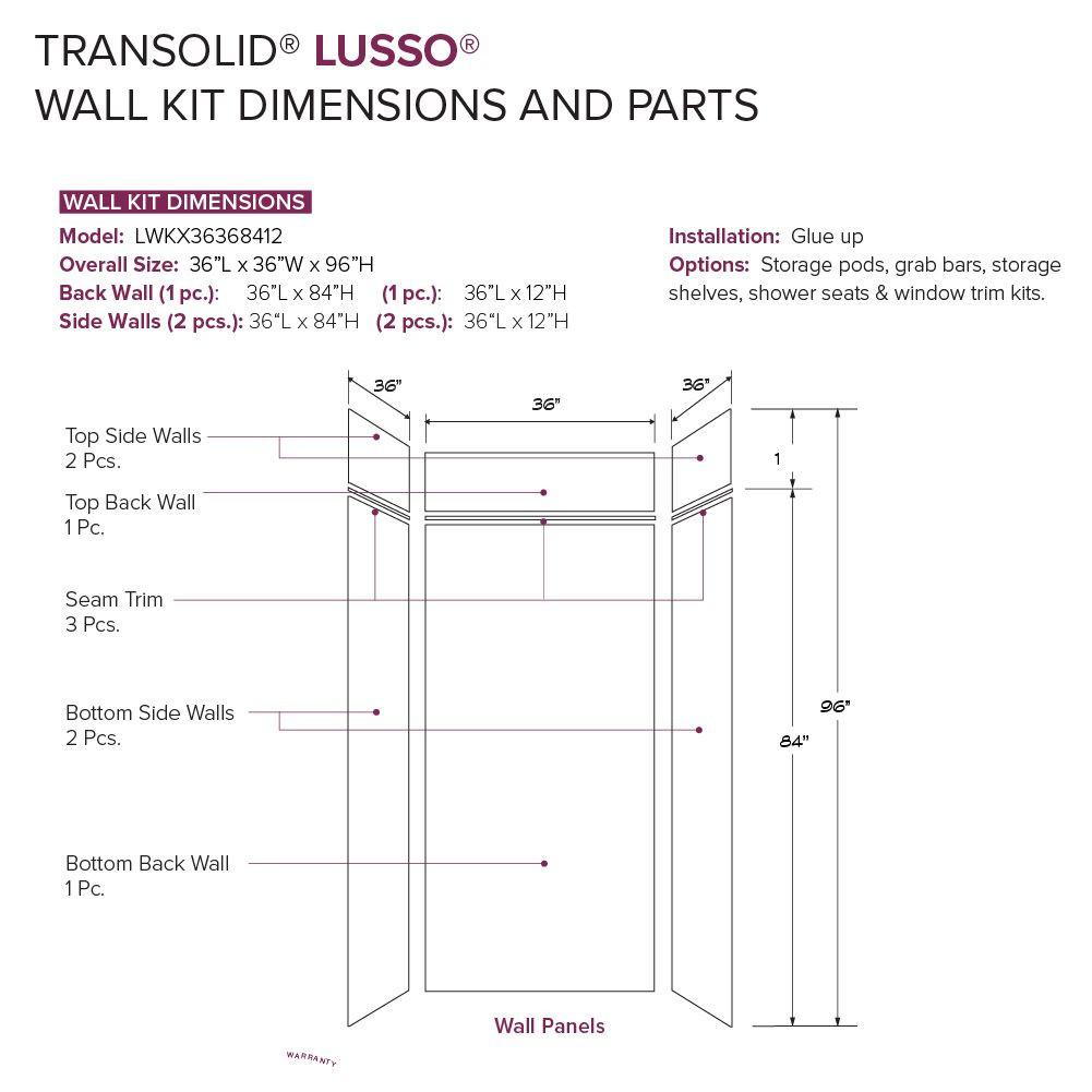 LWKX36368412-186 Lusso 36-in x 36-in x 84/12-in Glue To Wall 6-Piece Transition Shower Wall Kit, Glacier Grey