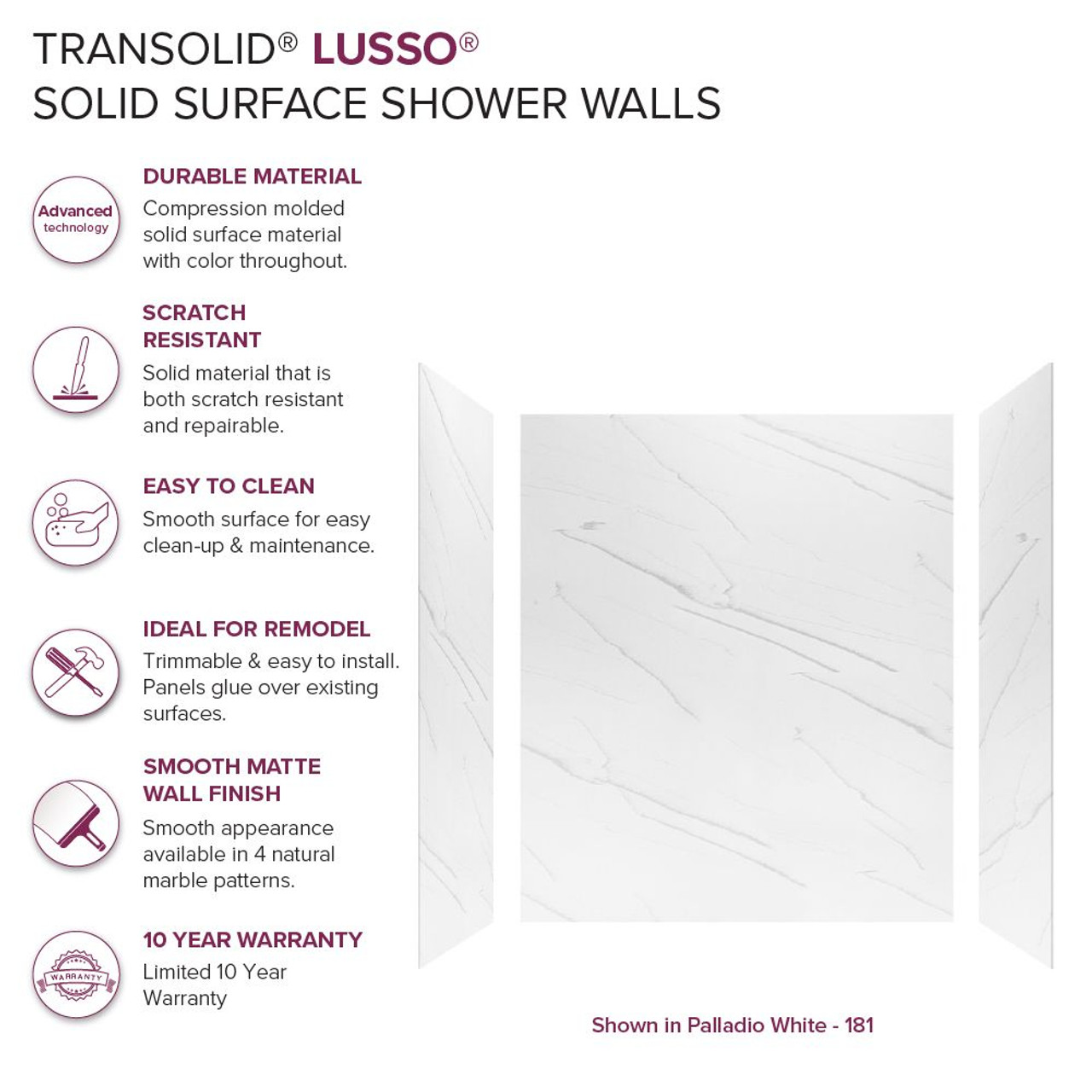 Transolid LWK603672-181 Lusso 60-in x 36-in x 72-in Glue to Wall 3-Piece Shower Wall Kit, Palladio White