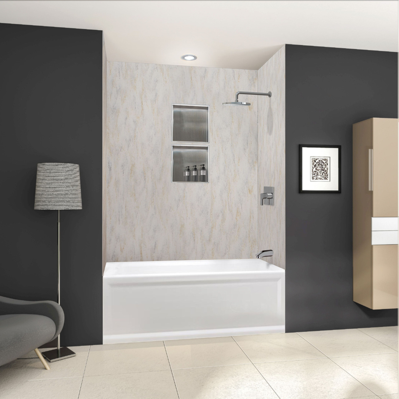Transolid LWK604872-185 Lusso 60-in x 48-in x 72-in Glue to Wall 3-Piece Shower Wall Kit, Creme Carmel