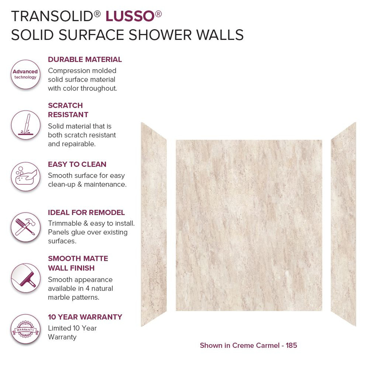 Transolid LWK604872-185 Lusso 60-in x 48-in x 72-in Glue to Wall 3-Piece Shower Wall Kit, Creme Carmel