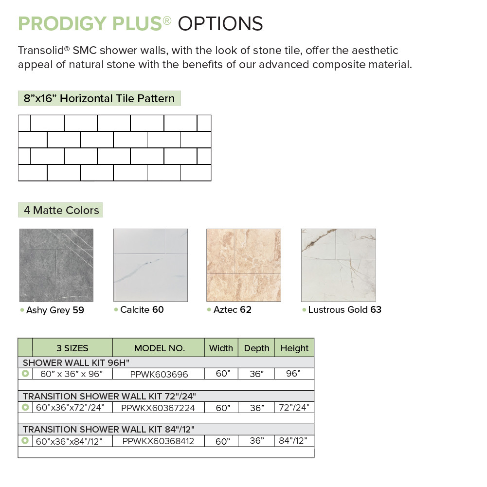 PPWKX60367224-63 Prodigy Plus 60-in x 36-in x 72/24-in Shower Wall Kit, Lustrous Gold (8-in x 16-in Horizontal Tile Pattern with Stone Color)