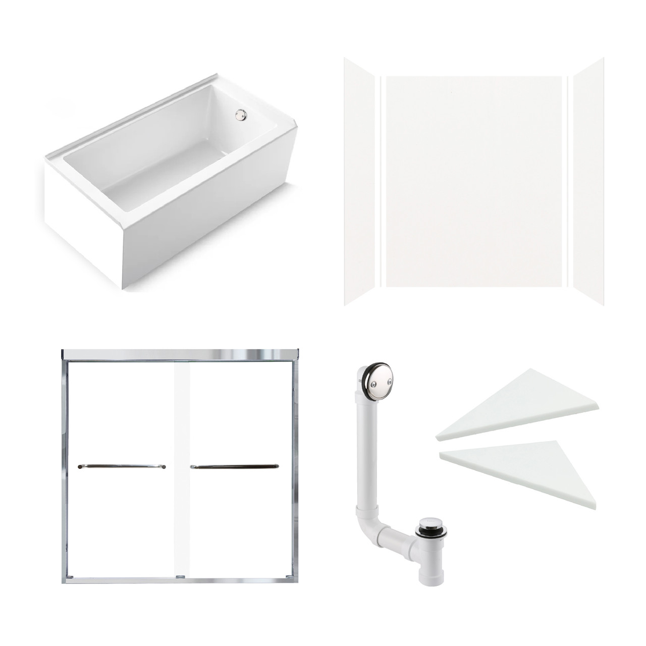 KTAE6030R-31PC 60-in x 30-in x 92-in 6-Piece Glue-on Expressions Shower/Tub Kit with Door and Accessories, White/Polished Chrome