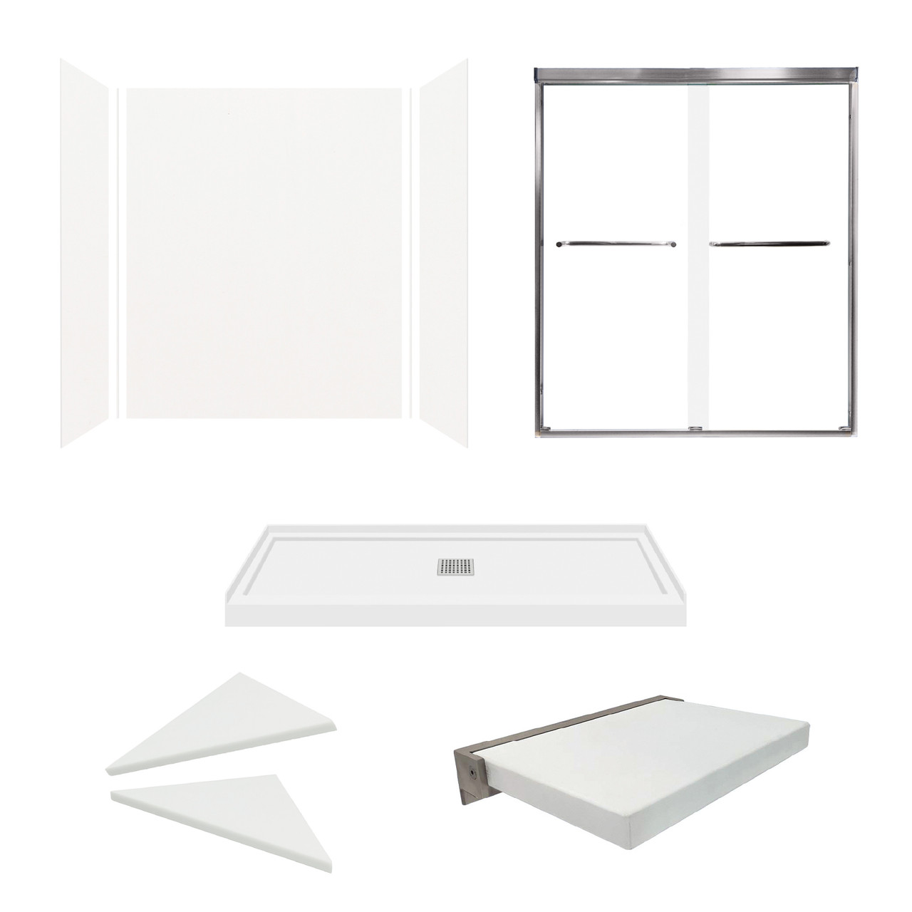 KSAE6036C-31BS 60-in x 36-in x 72-in 6-Piece Glue-on Expressions Shower Kit with Door and Accessories, White/Brushed Stainless Steel