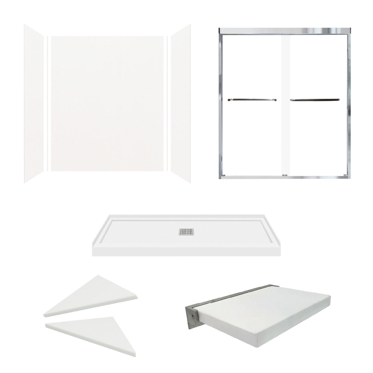 KSAE6036C-31PC 60-in x 36-in x 72-in 6-Piece Glue-on Expressions Shower Kit with Door and Accessories, White/Polished Chrome