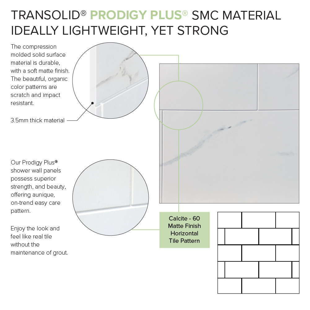PPWKX60367224-60 Prodigy Plus 60-in x 36-in x 72/24-in Shower Wall Kit, Calcite (8-in x 16-in Horizontal Tile Pattern with Stone Color)