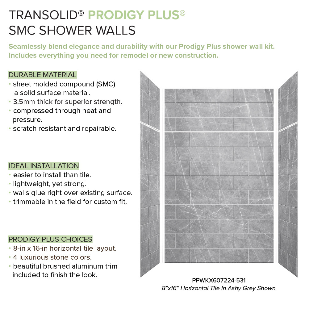 PPWKX60367224-59 Prodigy Plus 60-in x 36-in x 72/24-in Shower Wall Kit, Ashy Grey (8-in x 16-in Horizontal Tile Pattern with Stone Color)