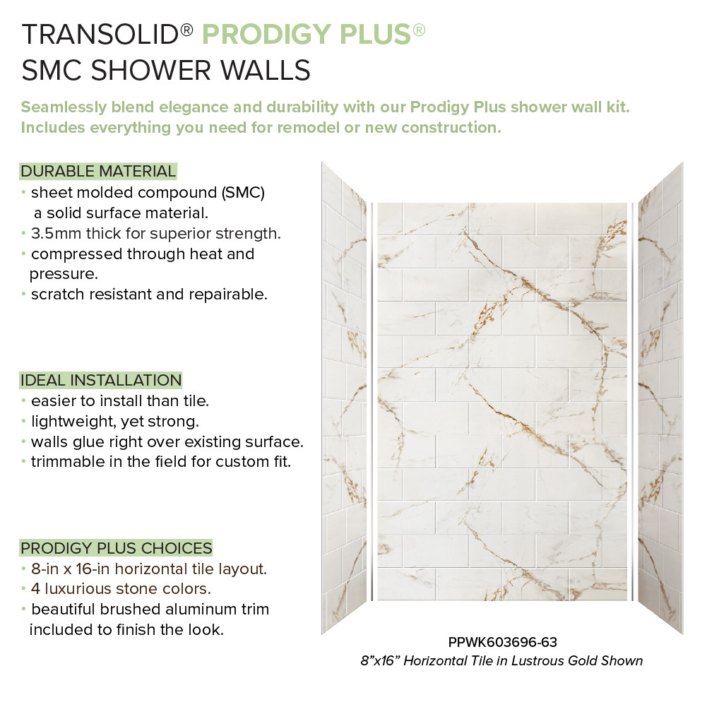 PPWK603696-63 Prodigy Plus 60-in x 36-in x 96-in Shower Wall Kit, Lustrous Gold (8-in x 16-in Horizontal Tile Pattern with Stone Color)
