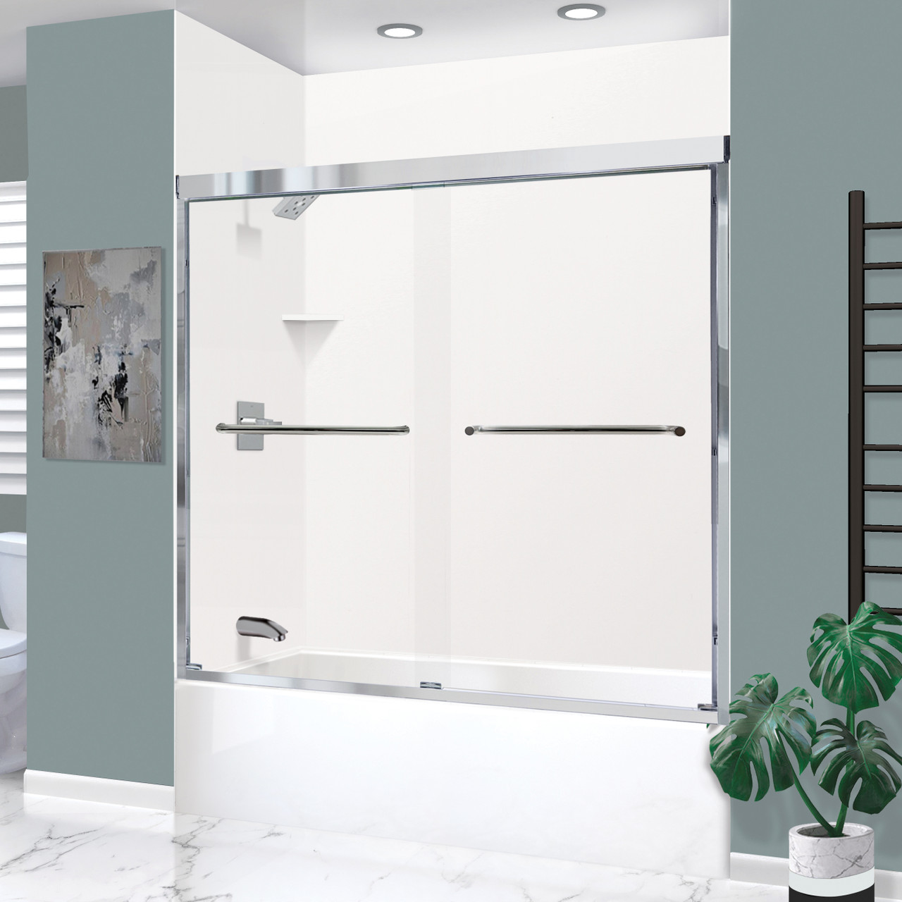 KTAE6032L-31PC 60-in x 32-in x 87-in 6-Piece Glue-on Expressions Shower/Tub Kit with Door and Accessories, White/Polished Chrome