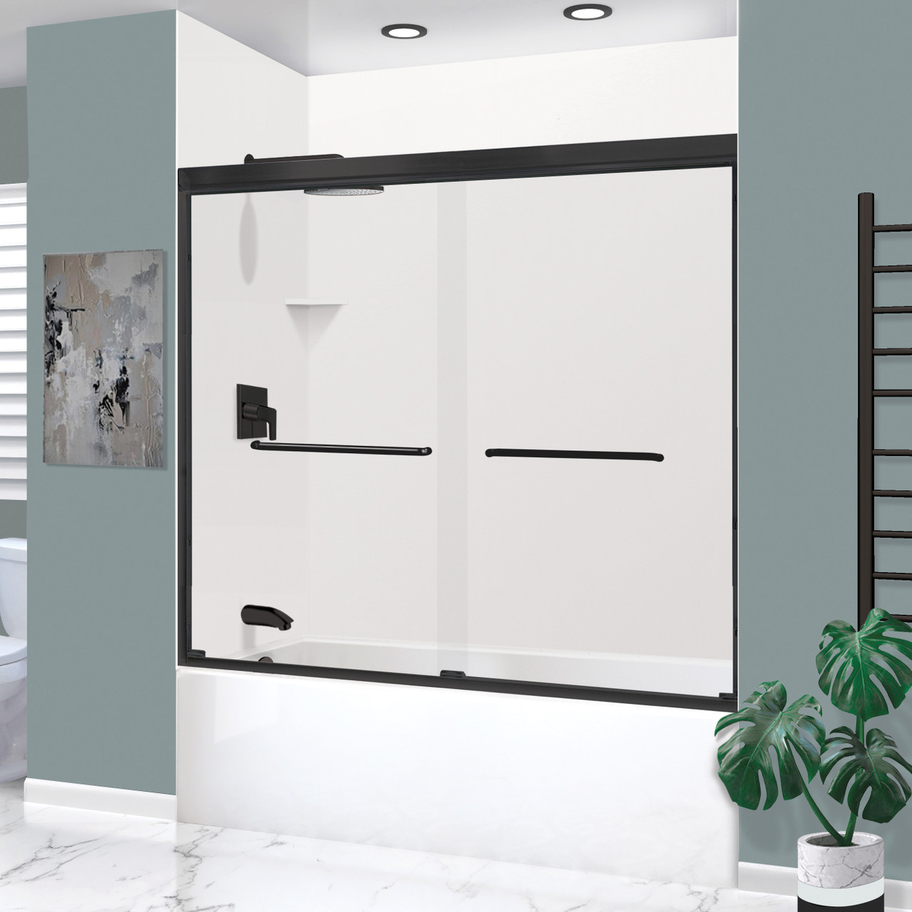 KTAE6030L-31MB 60-in x 30-in x 92-in 6-Piece Glue-on Expressions Shower/Tub Kit with Door and Accessories, White/Matte Black