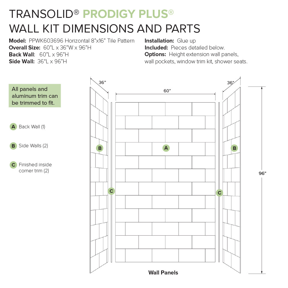 PPWK603696-59 Prodigy Plus 60-in x 36-in x 96-in Shower Wall Kit, Ashy Grey (8-in x 16-in Horizontal Tile Pattern with Stone Color)