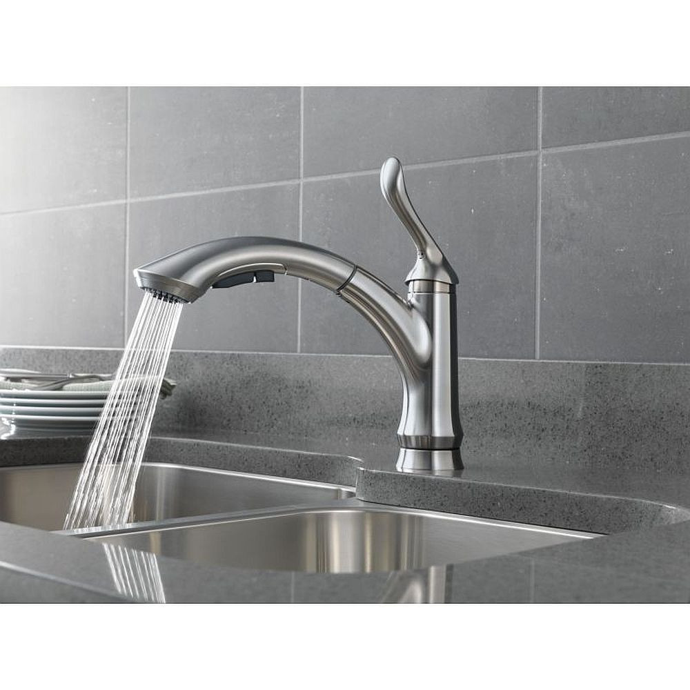 Delta 4353-AR-DST Linden Single Handle Water Efficient Pull-Out Kitchen Faucet in Arctic Stainless