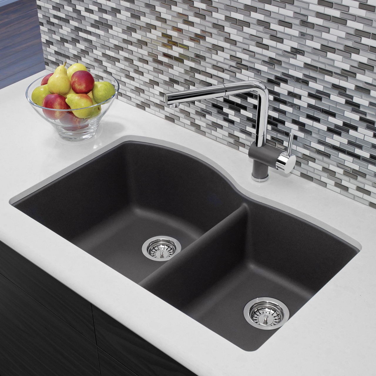 19-In X 32-In Double-Basin Granite Undermount Residential Kitchen Sink in Cinder 19-In X 32-In Double-Basin Granite Undermount Residential Kitchen Sink in Cinder