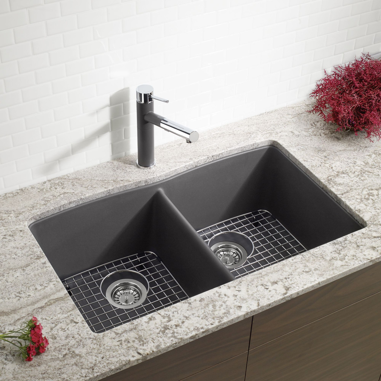 19.25-In X 32-In Double-Basin Granite Undermount Residential Kitchen Sink in Cinder 19.25-In X 32-In Double-Basin Granite Undermount Residential Kitchen Sink in Cinder