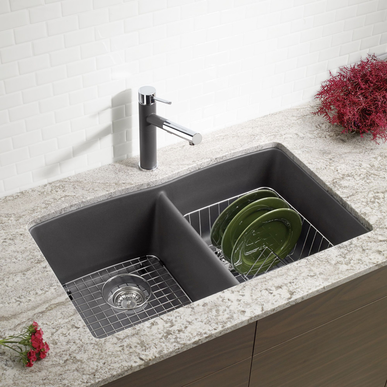 19.25-In X 32-In Double-Basin Granite Undermount Residential Kitchen Sink in Cinder 19.25-In X 32-In Double-Basin Granite Undermount Residential Kitchen Sink in Cinder